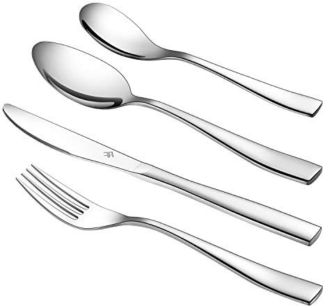 WUJO Besteckset, Besteck aus Edelstahl, 24-teiliges Silber Besteck Set inkl. Messer, Gabel, Löffel, Teelöffel Essbesteck für 6 Personen, Spiegelpoliert, Spülmaschinenfest