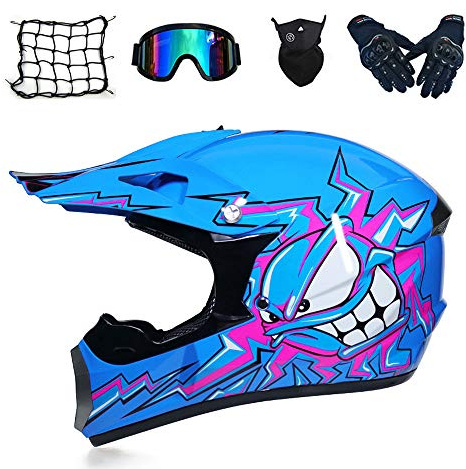 Casque VTT Integral, Casque Motocross Enfant - Bleu/ Cartoon - Doublure Amovible, Casque Moto Cross Set Casque BMX Quad Enduro ATV Scooter avec Goggle/ Gants/ Masque/ Filet à Elastique,M
