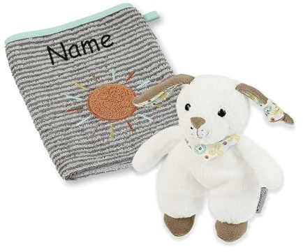 LALALO Sterntaler Baby Geschenkset mit Namen (Bestickt), Hase Hoppel, Waschhandschuh + Mini-Spieltier, Taufe, Geburt, Geschenkbox, Geschenkidee