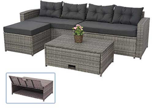 Mendler Poly-Rattan Garnitur HWC-J34 Staufach - grau, Kissen dunkelgrau | Balkon-/Garten-/Lounge-Set, Sitzgruppe, Sofa