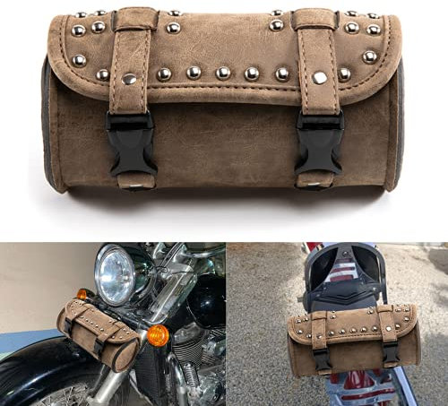 Universal Motorcycle Handlebar Tool Bag - Brown PU Leather Side Bag With Rivets for Sissy Bar or Rear Carrier