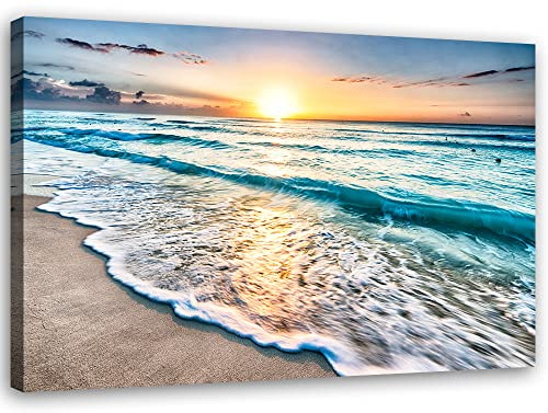 Feeby Vlies Leinwandbild Strand Himmel Meer Wolken 30x20 cm Wand Bild Kunstdruck Deko Wohnzimmer Wohnungs Deko Sonnenuntergang Wellen Natur Blau