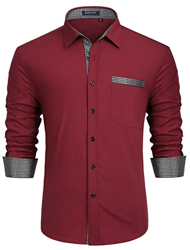 Enlision Herrkläder, Skjortor för män, långärmad, klassisk normal passform, fritidsskjortor, kontrastfärg, elegant, företag, bröllop, skjorta med mode, tupprunt-väska, Vinröd, S