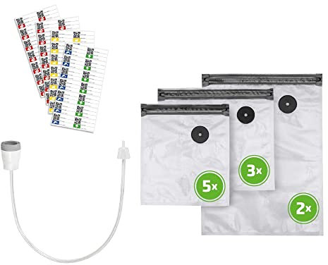 CASO ZIP-Bags & Vacu ZIP-Adapter Set – Wiederverwendbare Vakuumbeutel 150 µm – reißfest, mikrowellen- & spülmaschinengeeignet – Sous Vide geeignet bis 100 °C – bis zu 8x länger frisch