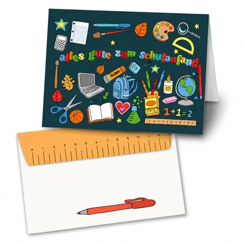 Friendly Fox Karte zur Einschulung, 1x Einschulungskarte DIN A6, alles Gute zum Schulanfang Karte, Endlich Schulkind, SCHULE