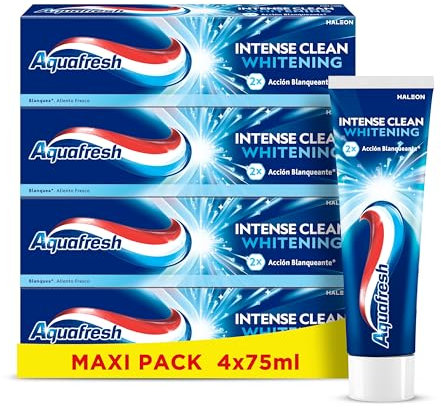 Aquafresh Intense Clean Whitening Pasta de Dientes Con Fúor, Con Acción Blanqueante, Limpieza Profunda, Pack 4x75 ml