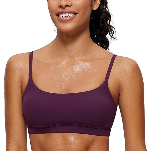 CRZ YOGA Dam Butterluxe Justerbar Spaghetti Strap Sport BH - Scoop Neck Trådlös vadderad Yoga Workout Crop Top Djup lila M