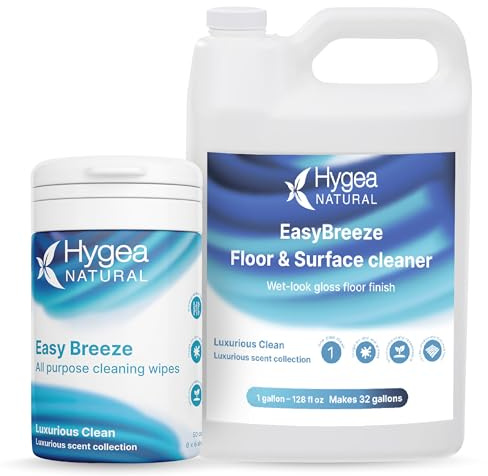 Hygea Natural EasyBreeze Ultimate Cleaning Bundle - PH Neutral Floor & Hard Surface Cleaner with All-Purpose Wipes - Luxurious Clean Scented (1 Gallon Floor Cleaner, 50 ct. Wipes)