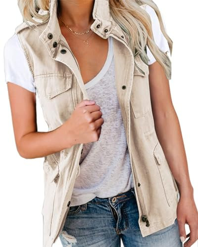 Imily Bela Damen Cargo Weste Ärmellos Übergangs Parka Jacke Kurz Mit Taschen und KordelzugFrühling Sommer Weste Oberbekleidung（Beige,S）