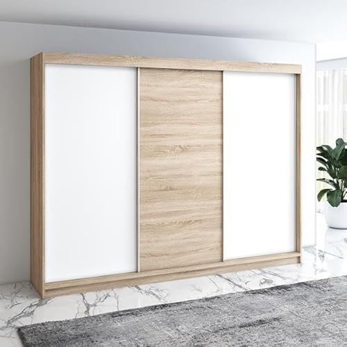 A&J MöbelLand Mero Schwebetürenschrank 200 cm, Kleiderschrank 3-türig mit 4 Schubladen (Sonoma/Weiß)