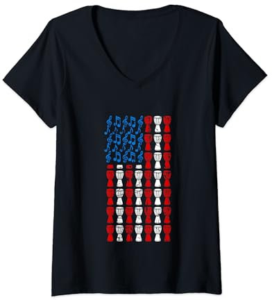 Damen Djembe Amerikanische Flagge 4. Juli Männer Frauen Djembefola USA T-Shirt mit V-Ausschnitt