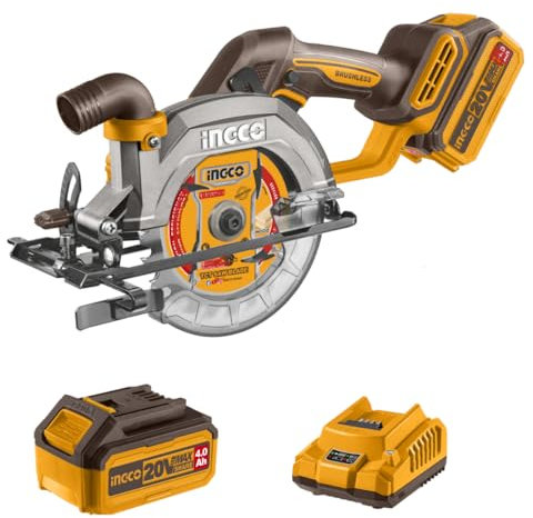 INGCO Scie Circulaire Sans Fil 20V, Moteur Sans Balais, Diamètre 140mm, 6300tr/min Max Coupe 50 mm (90 °), 33 mm (45 °) 140mm avec 1 Batterie 4,0 Ah et Chargeur CSLI14021