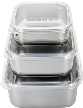 U Konserve Stainless Steel Nested Trio Food Storage Container Bento Box, Set of 3 (15, 30, & 50 oz), Leak Resistant, Silicone Lid, Dishwasher Safe, Plastic Free