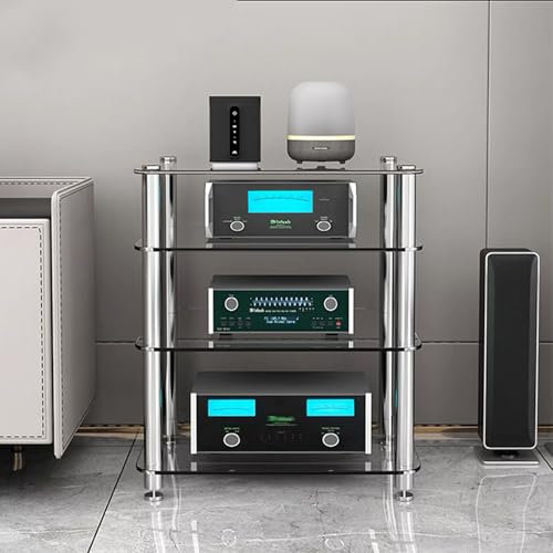 GUAWJRZDP Mehrstufiger Audio Rack Hi Fi Regal, Hi Fi Rack Aus Gehärtetem Glas, Offenes Phonoschrank, Hi Fi Regal Mit Stoßdämpfendem Design, Plattenspieler Regal for Wohnzimmer(Clear,4-Tier)
