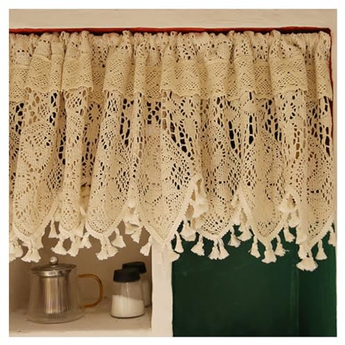 Media Cortina Boho para Ventana Pequeña, Cortina Corta de Encaje de Crochet a Mano, Visillo de Algodón Beige con Bolsillo para Varilla con Borlas para Cocina, Dormitorio, Bistro(W56xH40cm/W22xH16inch)