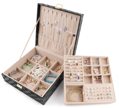 Homeanda Schmuckkästchen Große Kapazität 2-Schicht Leder Schmuckbox für Damen - Schmuckaufbewahrung Organizer für Ketten, Ringe, Ohrringe, Armbänder(Schwarz)