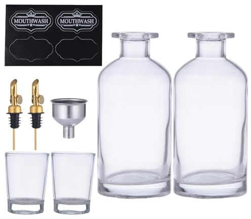 Dispensador de enjuague bucal de vidrio, recipiente de enjuague bucal - Juego de botellas de enjuague bucal transparente de 12 oz/350 ml con caño de acero inoxidable, etiquetas de embudo, tazas