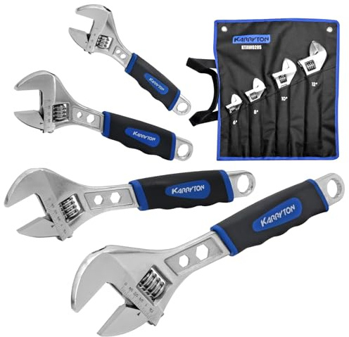 KARRYTON Adjustable Wrench Set (6 8 10 12), 3-in-1 Spanner Wrench w/Box End/Hex Function, Scales Metric and SAE, Drop Forged CR-V Steel, Chrome Plated, Ergonomic Soft Grip, Hanging/Rolling Bag