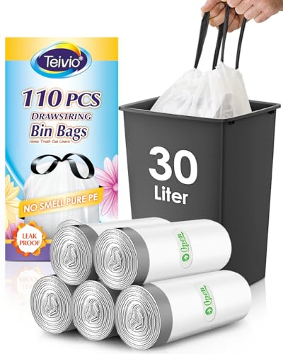 Teivio Bolsas de basura medianas de 30 litros con grifo de amarre, 110 unidades de 8 galones con cordón fuerte para cubos de basura de 25 a 30 litros, bolsas de basura para el hogar, oficina, cocina,