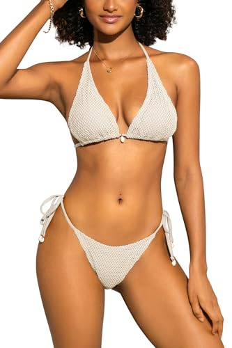 SHEKINI A Rete Halter Bikini Donna Sexy Triangolo Costume da Bagno Donna 2 Pezzi Bandeau Vita Bassa Bikini Set(S, Albicocca Chiaro)
