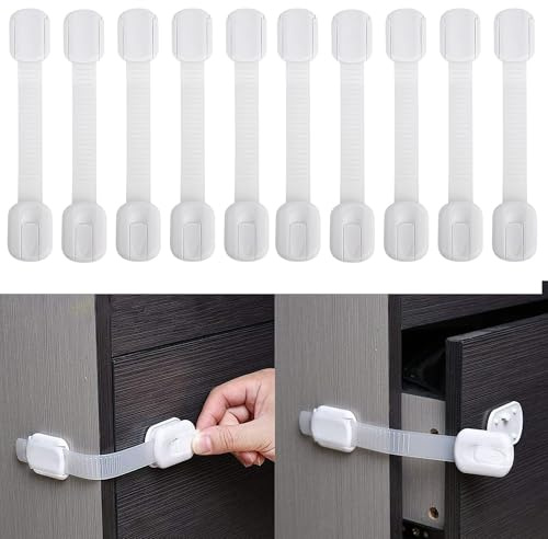 10-Pack Premium Child Safety Locks for Kitchen Cupboards & Drawers – No Drill Baby Proof Cabinet Locks with 3M Adhesive + 4 Extra Stickers for Easy Installation