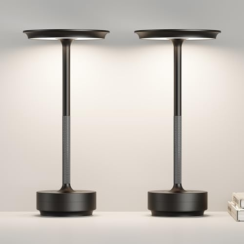 ZTFLOS LED Cordless Table Lamp Set of 2,Rechargeable Battery Operated 3 Levels Brightness with Memory Function IP54 Waterproof Portable Lights for Outdoor Patio,Travel,Cafe,Restaurant,(Black)