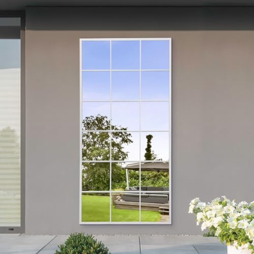 MirrorOutlet The Genestra - White Modern Window Garden Full Length Wall Mirror 69 X 33 (174CM X 85CM) Silver Mirror Glass with Black Metal Frame.
