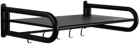 Guoyoocc Black Microwave Shelf,Kitchen Shelves Wall Mounted,Spice Rack Organizer Wall Mounted Holder Metal Floating Shelves,Microwave Bracket Oven Rack Stand Kitchen Shelf Holder With 5 Hooks