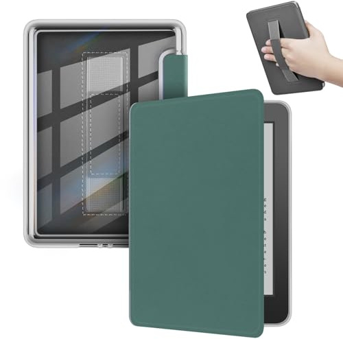 ERUNTO Hülle für 7-Zoll Kindle Paperwhite (12. Gen.), Signature Edition & Colorsoft, Transparenter Acrylrücken, Magnetische Abdeckung mit Handschlaufe, Auto Aufwachen/Schlafen(Grün)