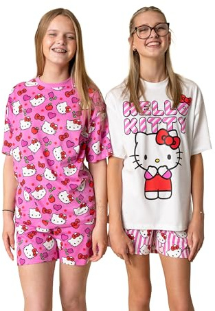 Hello Kitty Kitty Girls Pink Short Sleeve Short Leg Pyjamas Set | Flerpack med 2 nattkläder i design av hjärtan och rosetter | Cartoon Printed Loungewear för barn | Hello Kitty Merch - 5-6 år