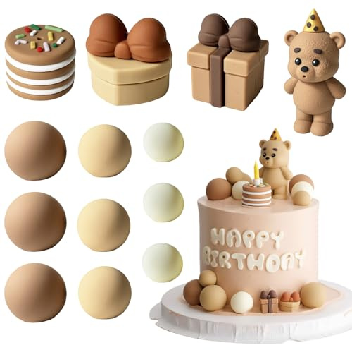 Satiskid 13 Pcs Bear Bitrthday Cake Decoration, Teddy Bear Cake Toppers, Realistic Animal Cupcake Toppers for Kids Theme Birthday Baby Shower Gender Reveal Parties