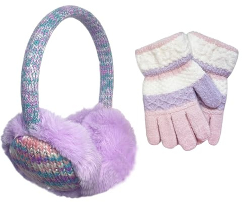 Girls Ear Muffs with Gloves, Kids Winter Furry Knitted Earmuffs, Plush Ear Covers Hands Warmers for Toddler Age 3-8 Outdoor Activities