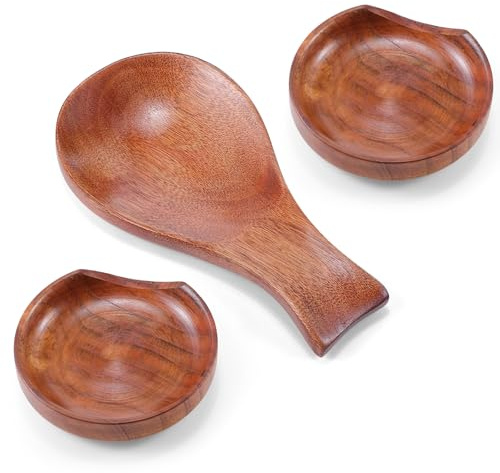 Patelai 3 Pcs Wood Spoon Rest for Stove Top 4 Inch Small Spoon Holder for Kitchen Counter Cooking Ladle Utensil Rest for Coffee Tea Farmhouse Rustic Kitchen Housewarming Christmas Gift(Brown)