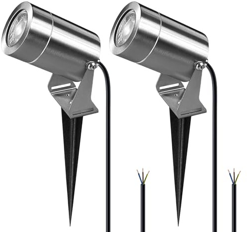 JNR Edelstahl LED Gartenbeleuchtung mit Strom und Erdspieß, Silber 2 Pack | IP65 Wasserdicht Gartenlampen für Draußen Strom mit 2M Kabel Kein Stecker, Gartenleuchten 5W GU10 3000K Warmweiß Glühbirne