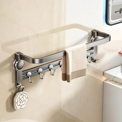 Mustorn Porte Serviette Salle De Bain Mural Ventouse, Porte Serviette sans Percage Adhesif, Range Serviette Salle De Bain Équipé De 6 Crochets Pouvant être Déplacés d'un Côté à l'autre(60 cm)