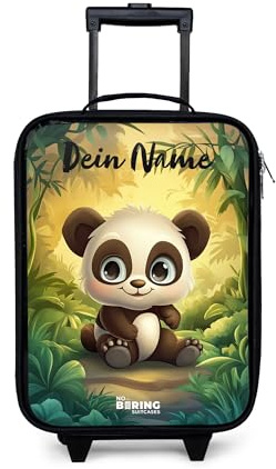NoBoringSuitcases© Kinderkoffer Klein Personalisiert mit Name Reisekoffer | 48x31x19 cm - Kleiner Kinder Koffer mit LED Rollen Kindertrolley Panda - Bambuswald - Grün