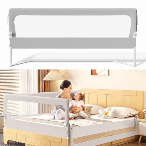 Vkechh Bettgitter Rausfallschutz Bett, Rausfallschutz Boxspringbett 200cm, höhenverstellbar 72-86 cm, zusammenklappbar um 180 Grad, luftiges Netz, einfache Montage, Grau