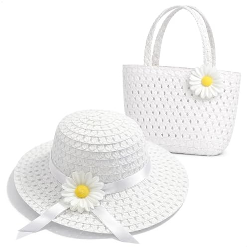 com-four® Cappello Estivo Bambina con Borsa – Set Paglia con Fiore – Cappello Sole per Spiaggia, Vacanze e Tempo Libero – Leggero con Borsetta (Cappello/Borsa Bianco)