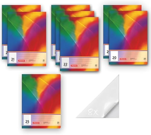 BRUNNEN Schulhefte liniert, kariert, blanko DIN A4, 8er Set, Lin 20, Lin 21, Lin 22, Lin 25, ab Klasse 4 & weiterführende Schule, inkl. 8 selbstklebenden Eck-Einstecktaschen