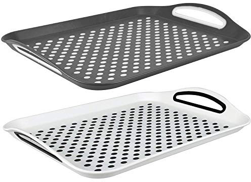 Invero® Set of 2x Anti-Slip Top and Bottom Plastic Serving Tray with High Grip Rubber Surface, Non-Slip Padded Base and Easy Grip Handles ideal for all Homes
