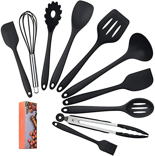 COVVY Home Silicone Kitchen Utensils Set(10 Piece) Heat Resistant Baking & Cooking Utensils Non Stick - Non Scratch Cooking Utensils Kitchen Good Helper (Black)