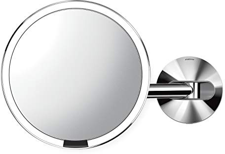 simplehuman ST3016 20cm Wall Mount Hard-Wired Sensor Mirror, Light Up Bathroom Makeup Magnifying Mirror, 5x Magnification, Telescopic Swing Arm, LED Tru-Lux Light System, Polished Stainless Steel