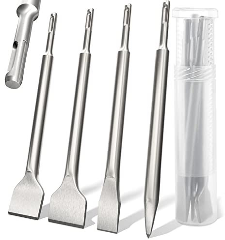 KSP-TEC® Set di scalpelli SDS Plus, composto da scalpello per piastrelle, scalpello piatto e scalpello a punta, confezionato in una pratica scatola girevole (SDS Plus Set di 4 scalpelli da 4 pezzi)
