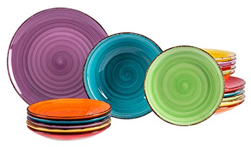MamboCat Ensemble d'assiettes 18 pièces uni coloré | faïence Fine | Assiette à dîner + Assiette Creuse 750 ML + Assiette à gâteau | 6 Couleurs | méditerranéen | résistant au Four