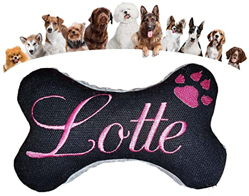 Personalisiertes Hundespielzeug Knochen – bestickter Canvas Hundeknochen mit Name – wählbar mit Quietscher oder Rassel – 20 Farben – Größen XS bis XXL