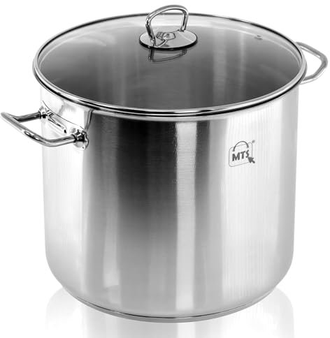 MTS Large Deep Stainless Steel Cooking Stock Pot Casserole Glass Lid Induction Base (20 Litre)