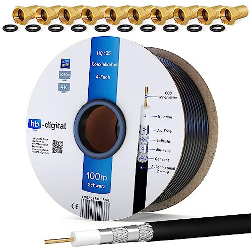 HB-DIGITAL 100m SAT Koaxial Kabel 135dB 8K 4K UHD 4-Fach geschirmt für DVB-S / S2 DVB-C / C2 DVB-T / T2 DAB+ Radio + inkl. 10x vergoldete F-Stecker BK Anlagen - Stahl/Kupfer Innenleiter - Schwarz