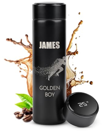 Maverton Travel Mug with Engraving, 450 ml Vacuum Insulated Flask, Gold | Removable Tea Infuser, Lightweight Design, LED Temperature Display, Personalised Birthday Gift for Men