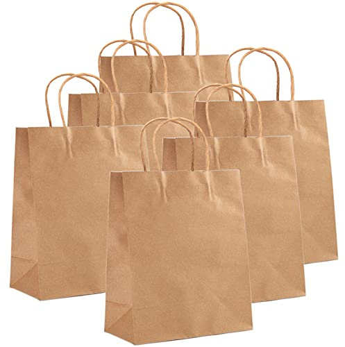 Favuit Papiertüten mit Henkel, 6stk Geschenktüten 31 x 26 x 12 cm Kraftpapiertüte mit Kordelgriff Papiertragetasche für Einkaufen Hochzeiten Verpackungen Geburtstag Weihnachten Braun (Klein Größe)