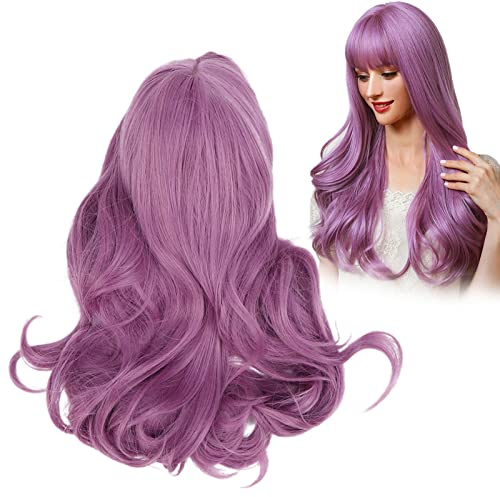 Long Wavy Wig for Women High Temperature Synthetic Wigs Fashion Wavy Wig with Bangs for Cosplay Costume Halloween Party Daily Wear(Purple)